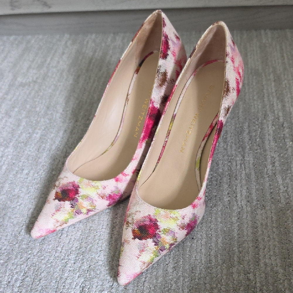 Stuart Weitzman Pink Floral Pointed Toe Pumps with Multicolor Accents